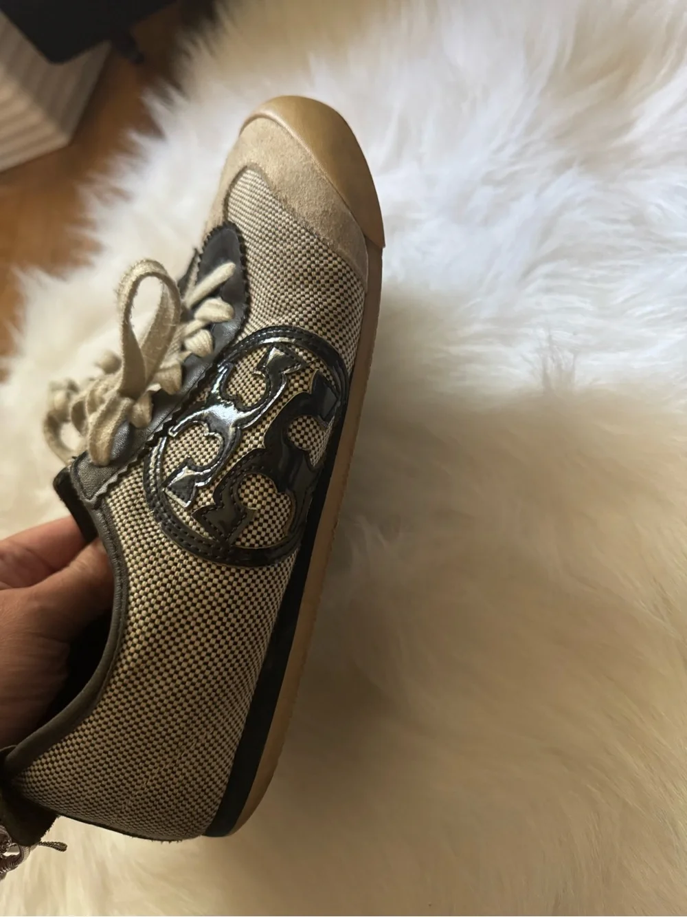 Tory Burch Beige and Black Kids Lace-Up Sneakers